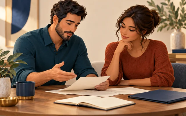 Illustration of two people discussing documents.