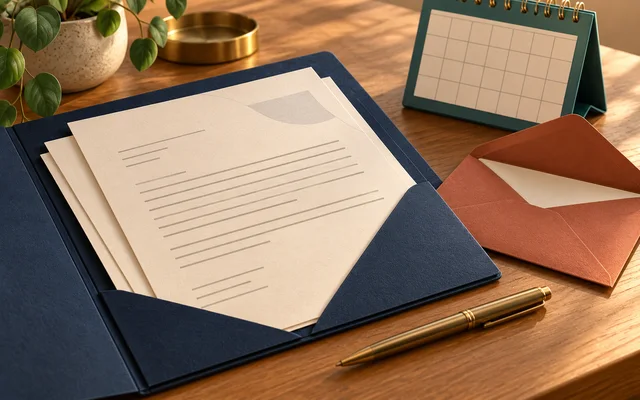 Illustration of papers and dates prepared for review.