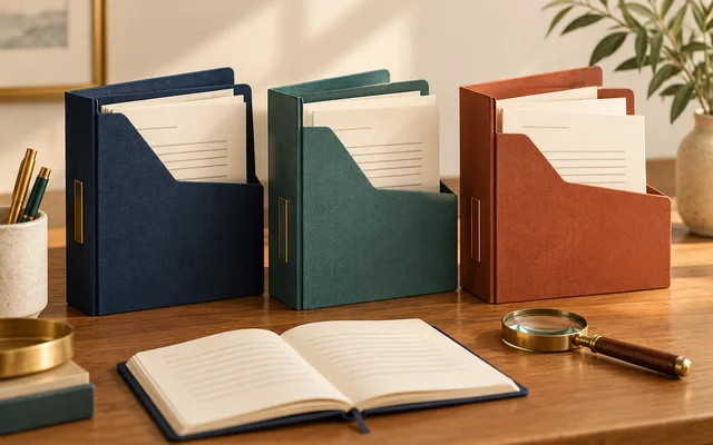 Illustration of folders and a notebook used to organize debt records and compare options.